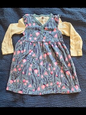 Tea Collection Girls Blue Floral Layered Long-Sleeve Dress Sz 3